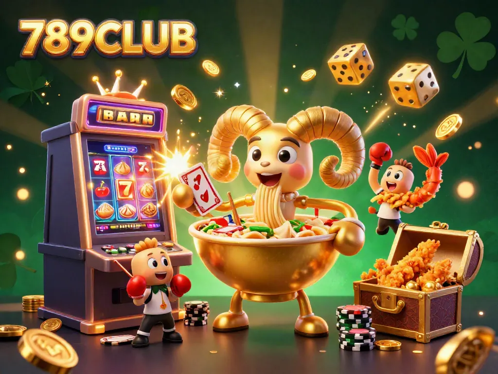Experience the thrill of 789CLUB with a vibrant 3D illustration of a golden ramen bowl, dealers, and a jackpot explosion.
