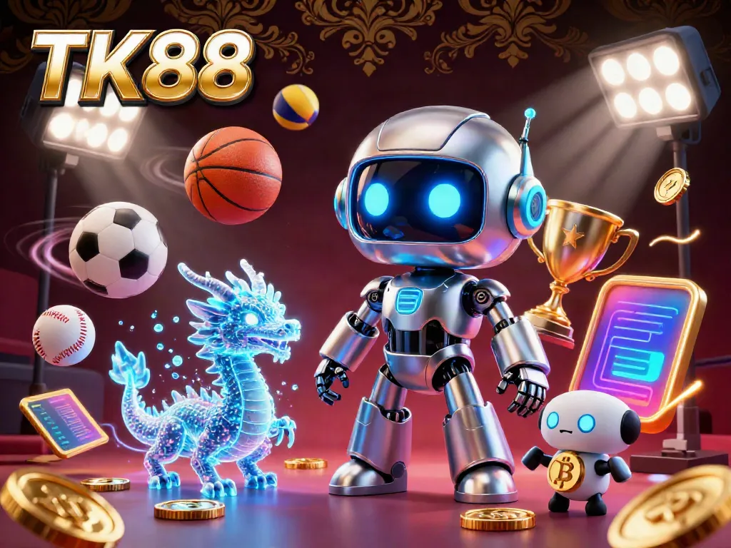 Experience TK88's vibrant casino atmosphere with a dynamic 3D illustration featuring engaging gambling elements.