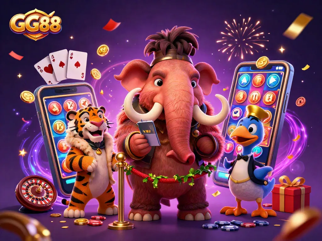 Experience winning excitement with GG88 at a lively casino scene featuring dynamic characters and games.