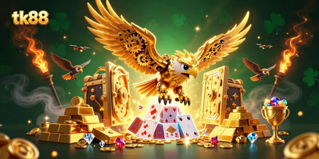 Engage in thrilling gameplay with tk88 as a cybernetic eagle dives through holographic cards amidst treasures.
