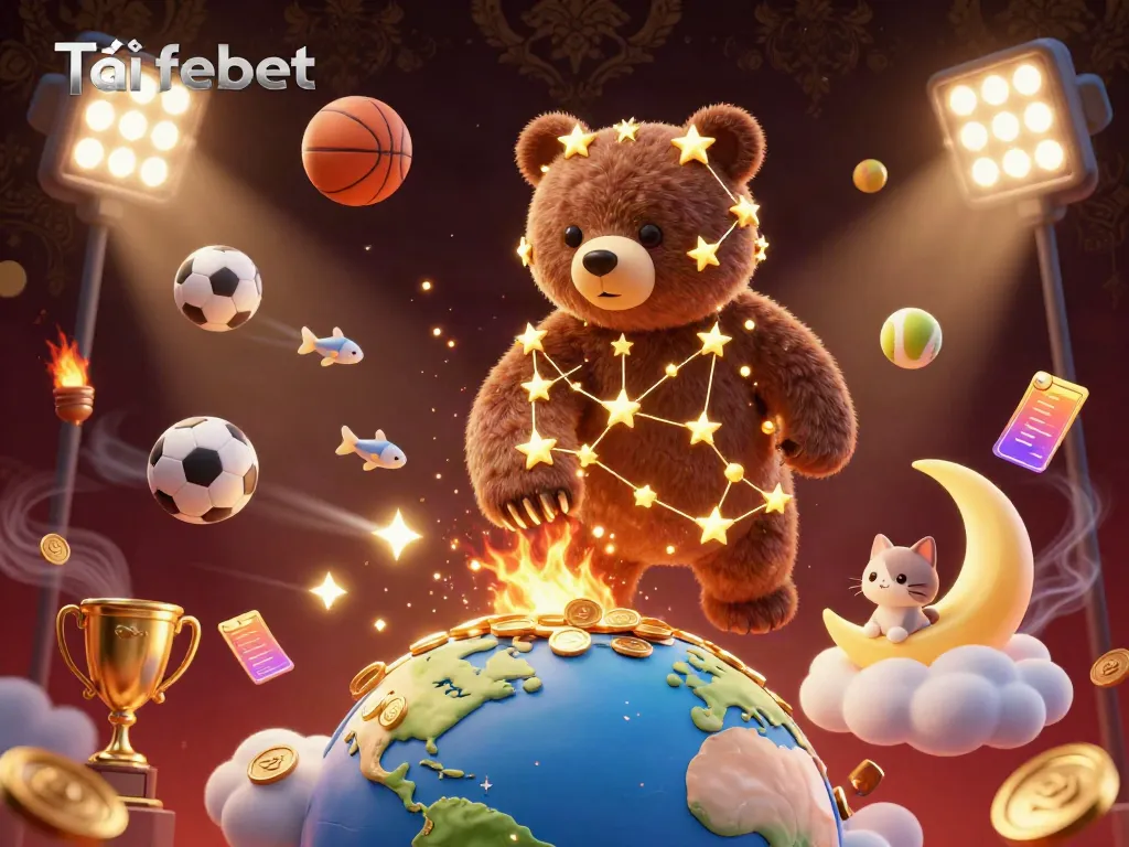 Experience top-tier gaming action with Tải febet, featuring a dynamic 3D constellation bear and sports elements.