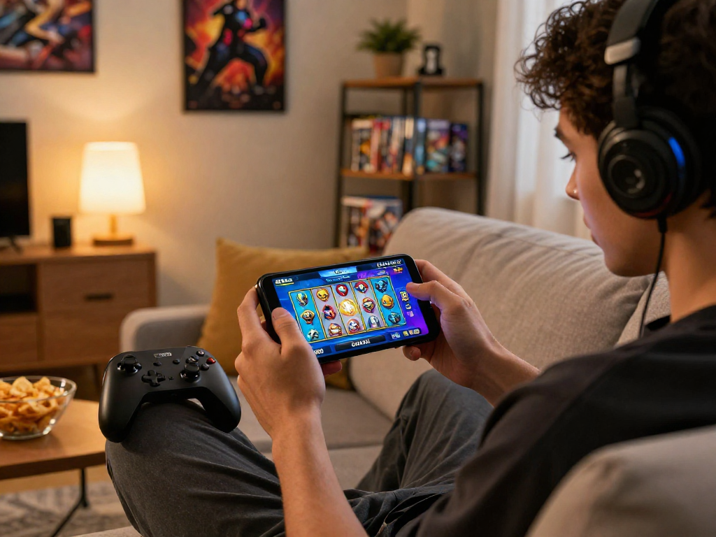Engaging mobile gaming moment featuring GACORMAX on a user-friendly interface in a cozy setting.