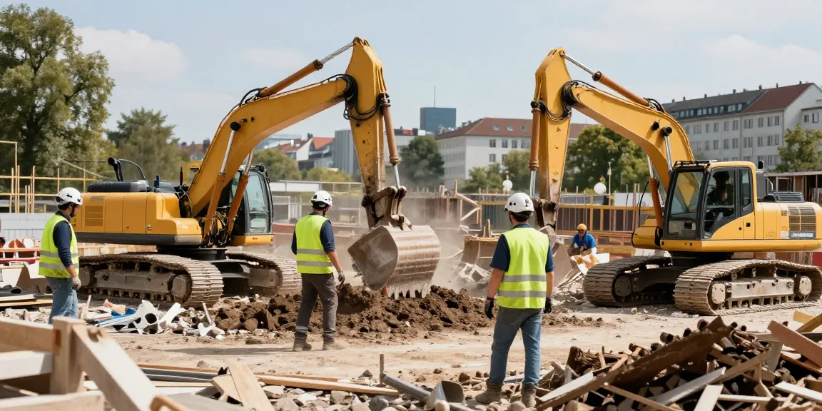Abriss und Entkernung Augsburg: Bauarbeiter im Einsatz mit schwerem Gerät und Sicherheitsausrüstung in der Stadt Augsburg.