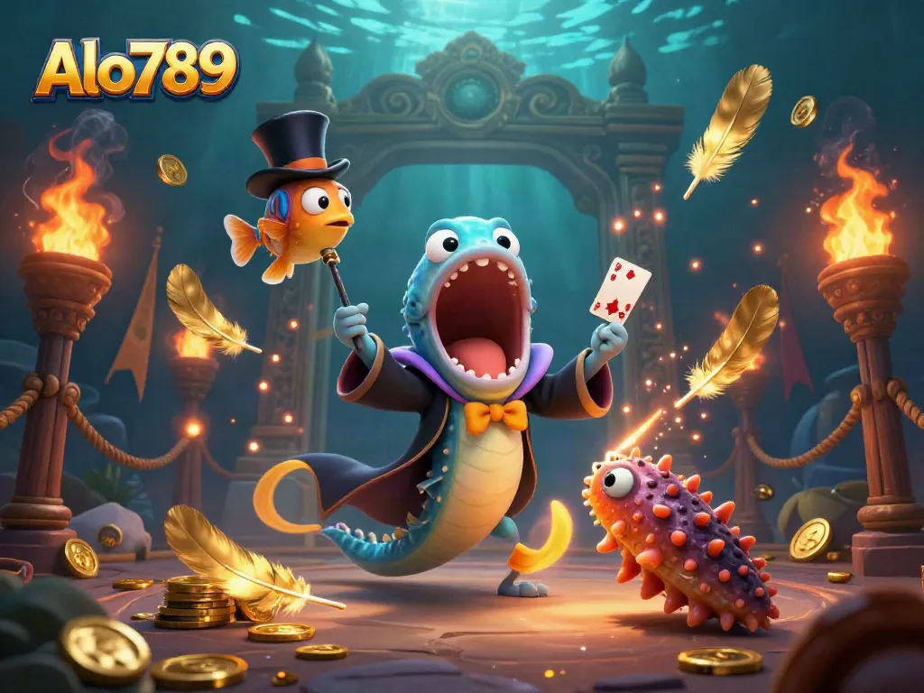 Alo789 engages gamblers with a vibrant underwater magic show featuring whimsical sea creatures performing tricks.
