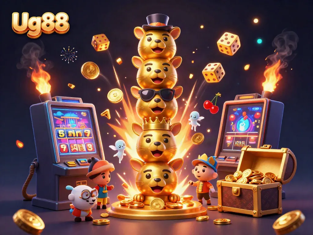 Engage with Ug88's vibrant casino world featuring a golden totem, jackpots, and lively animations.