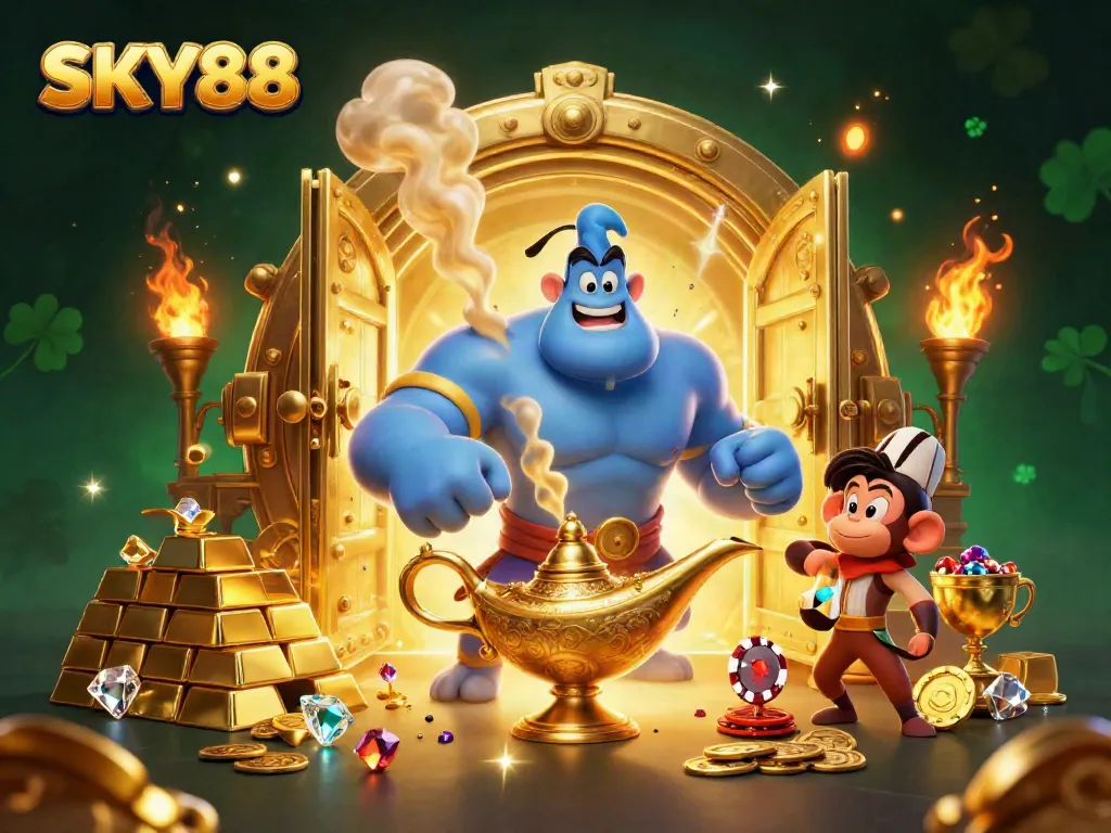 Experience thrilling adventures with SKY88 in this vibrant casino illustration.