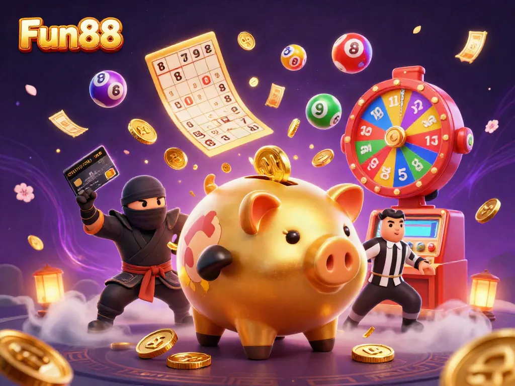 Experience the excitement of Fun88 as a golden piggy bank sumo wrestler triumphantly creates a rain of coins while vibrant lottery elements surround him.
