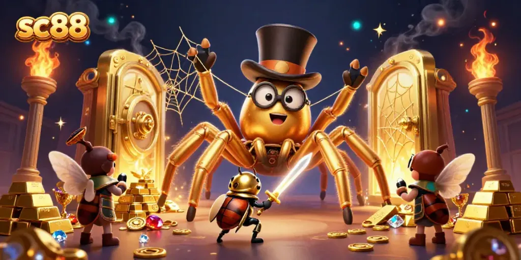 sc88 players engaging with a vibrant casino scene featuring a golden tarantula and knight