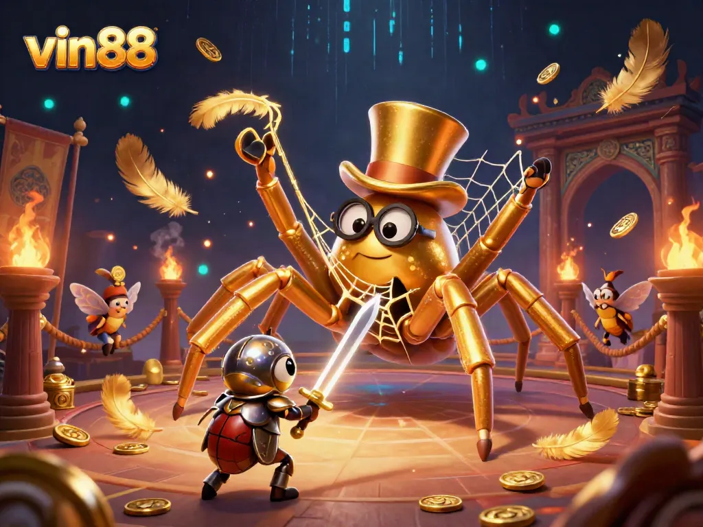 Experience thrilling gameplay at vin88 casino with a golden tarantula and beetle knight in an action-packed scene.