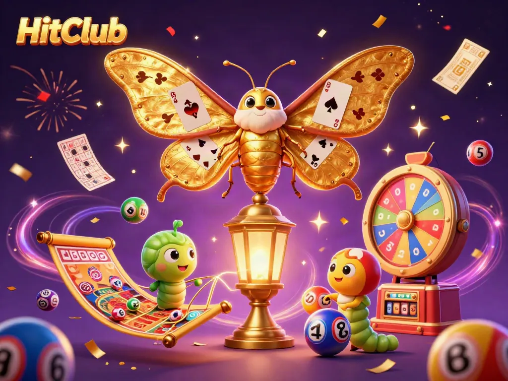 HitClub showcases a vibrant 3D illustration with casino-themed elements, including a golden moth and lottery balls.