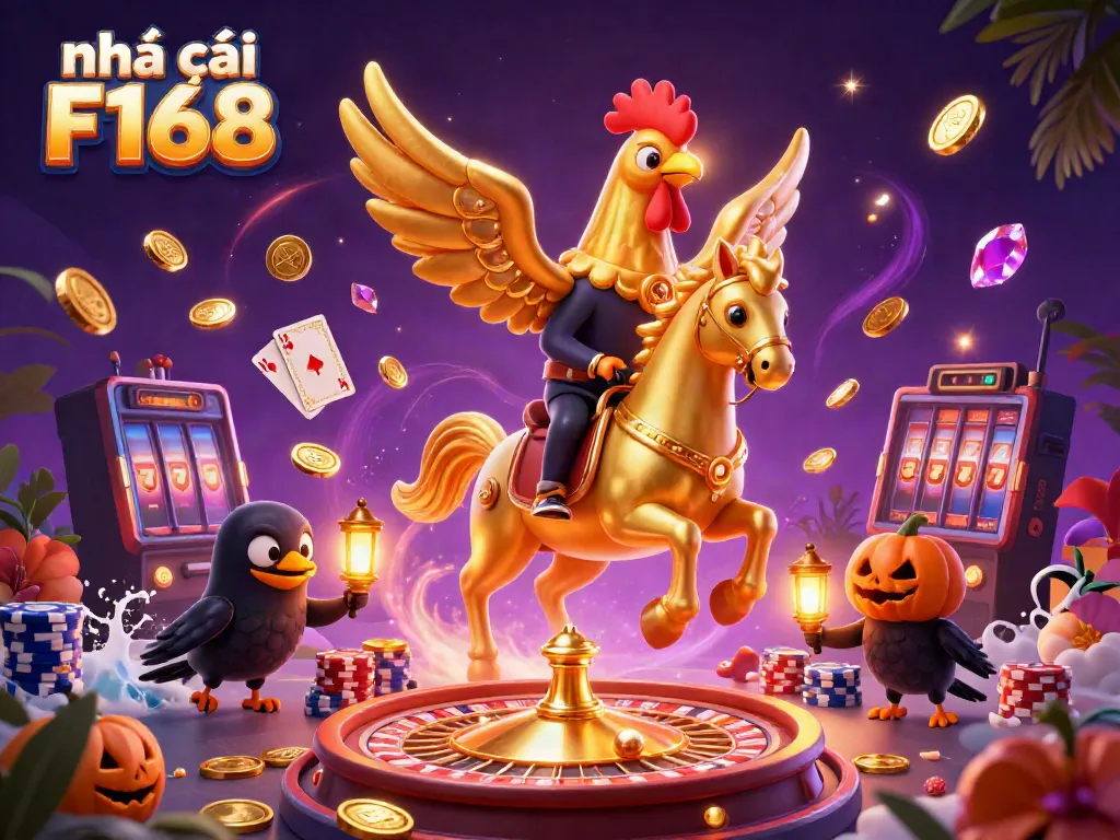 Experience the vibrant casino action with Nhà cái F168, featuring a golden rooster and spectral horse amidst dynamic game elements.