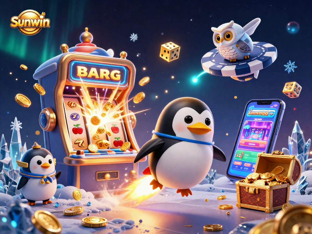 Sunwin’s thrilling casino journey captured as a golden penguin blasts through space in a vibrant illustration.