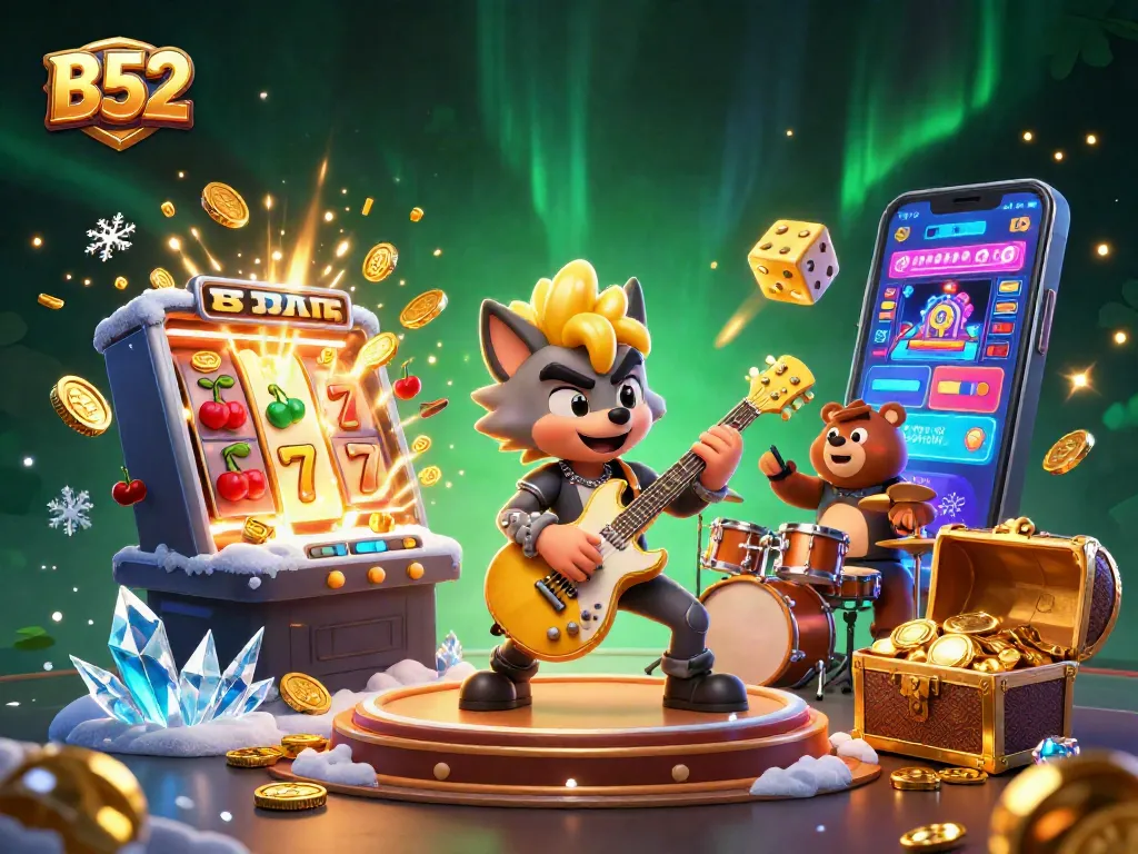 B52 rock star wolf electrifying a casino stage while a drummer bear amps up the jackpot excitement.