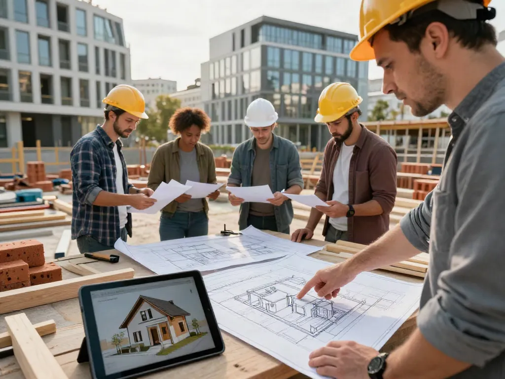 Haus Bauen Wien: Architekten und Bauarbeiter arbeiten zusammen an Bauplänen in moderner urbaner Umgebung.