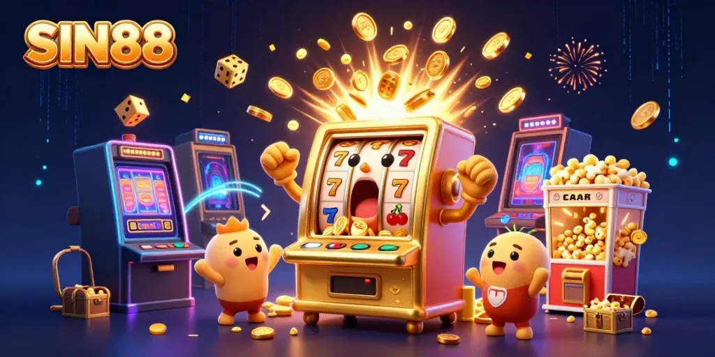 Slot machines celebrate a jackpot win at SIN88 casino, with coins flying and vibrant effects.
