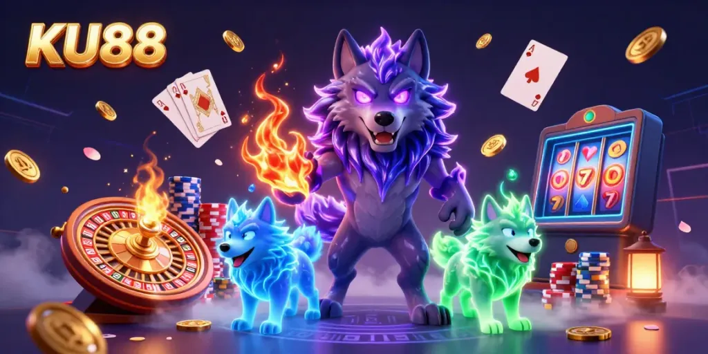 Experience the thrill of KU88's casino with glowing wolves, coins, and exciting game elements in a dynamic scene.