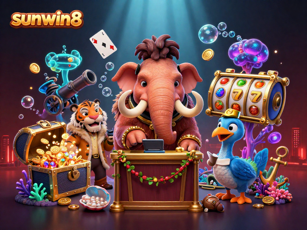 Join the action at sunwin8 with a vibrant 3D cartoon illustration of a woolly mammoth bouncer and casino elements.