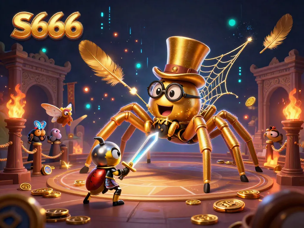 S666 brings a vibrant casino adventure with a golden tarantula, brave beetle knight, and moth spectators engaging in thrilling gaming.
