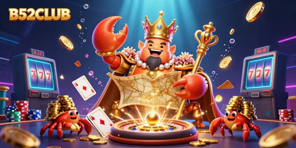 B52CLUB game scene displaying a golden crab emperor and vibrant casino elements, presenting excitement in gaming.