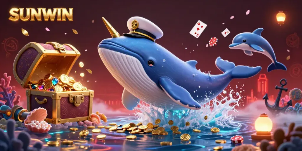 Engage with the exciting SUNWIN casino experience featuring a joyful whale and narwhal playing with poker chips.