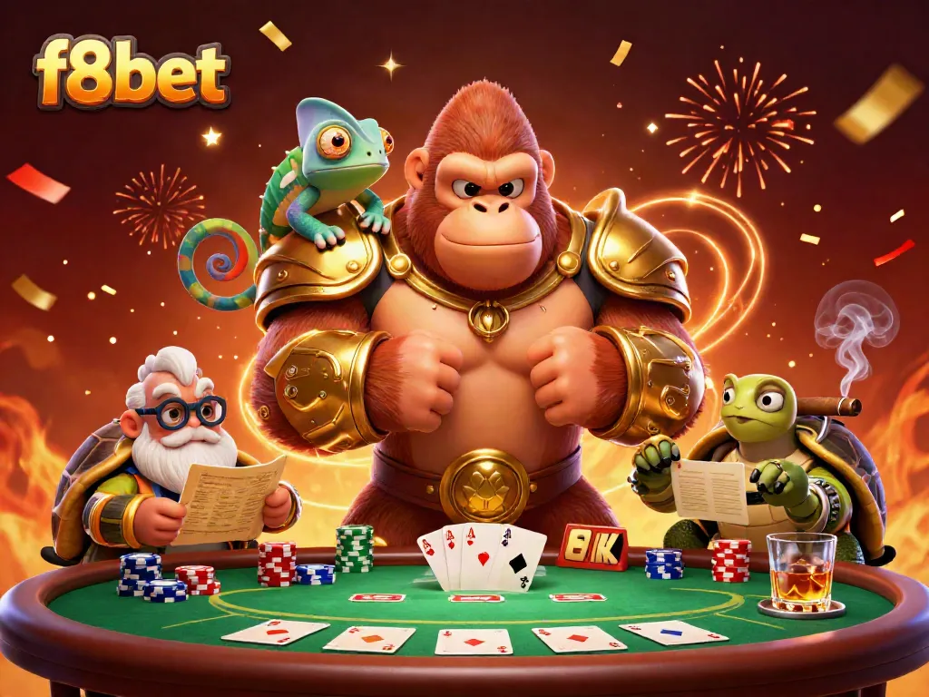 Experience thrilling f8bet action with a vibrant atmosphere showcasing a gorilla, chameleon, and tortoise in a lively casino scene.