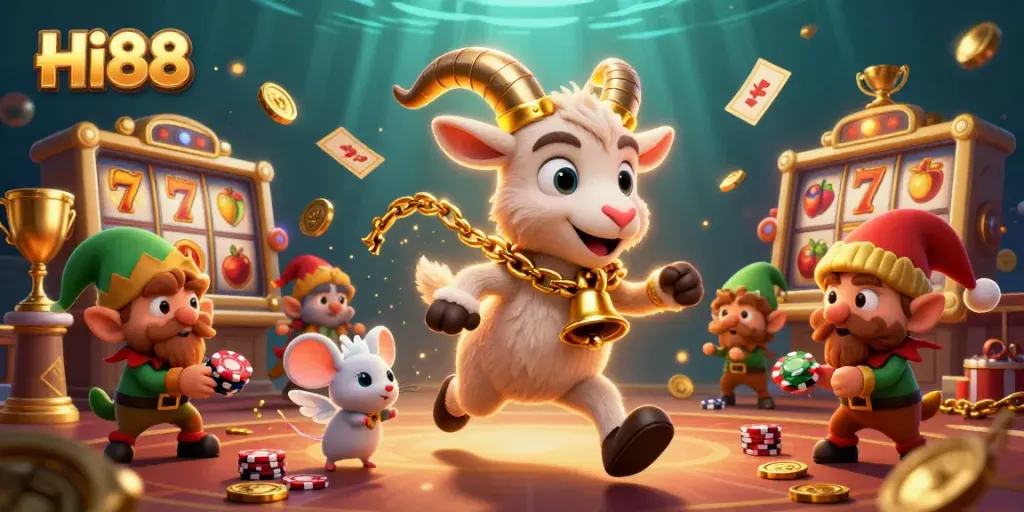 Engage with dynamic casino action at Hi88 featuring Krampus, an angel mouse, and playful gremlins.