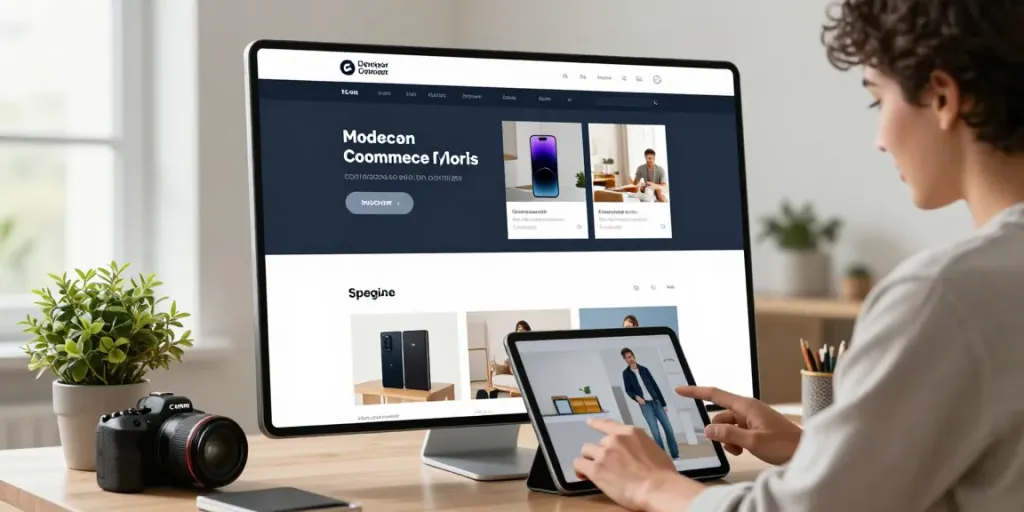 Engaged shopper browsing Produkte online in a modern e-commerce home office.