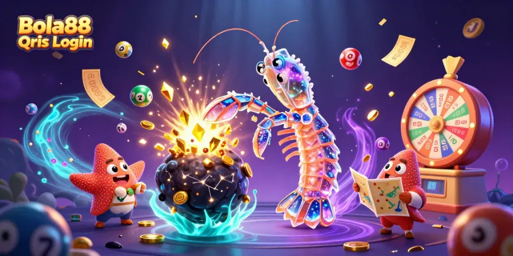 Bola88 Qris Login featuring a galactic samurai shrimp battling asteroids with golden gems, highlighting engaging casino excitement.