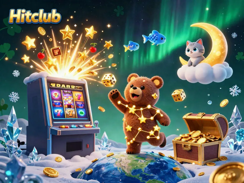 Experience the exhilarating excitement of Hitclub as a constellation bear scoops up coins amidst a dynamic casino atmosphere.