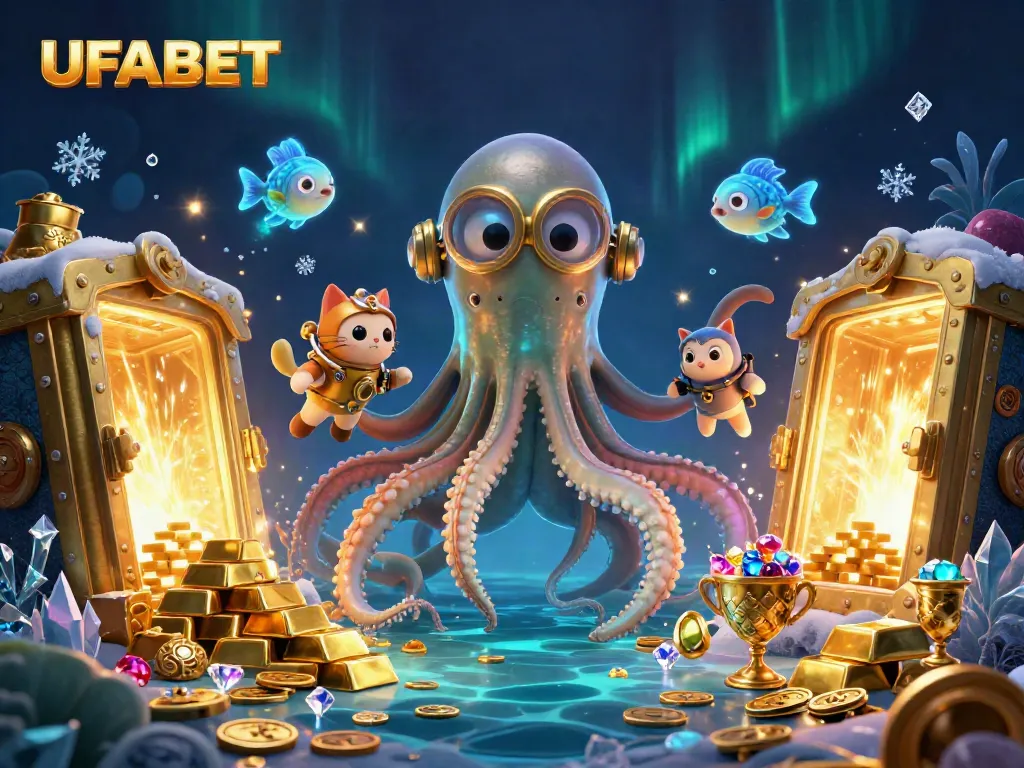 Engage with UFABET's vibrant online gaming environment with a colorful kraken and diving cat.