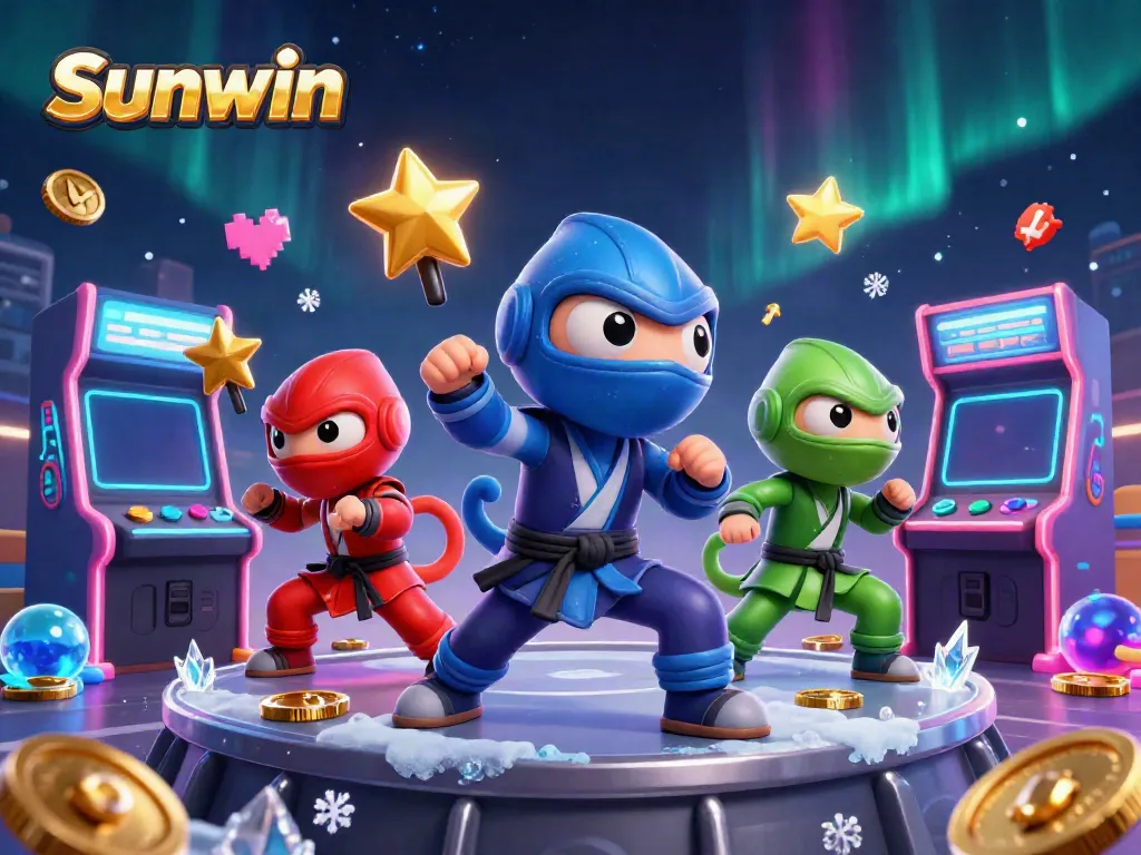 Engage in thrilling gameplay at Sunwin with a dynamic illustration featuring ninja chameleons and arcade elements.