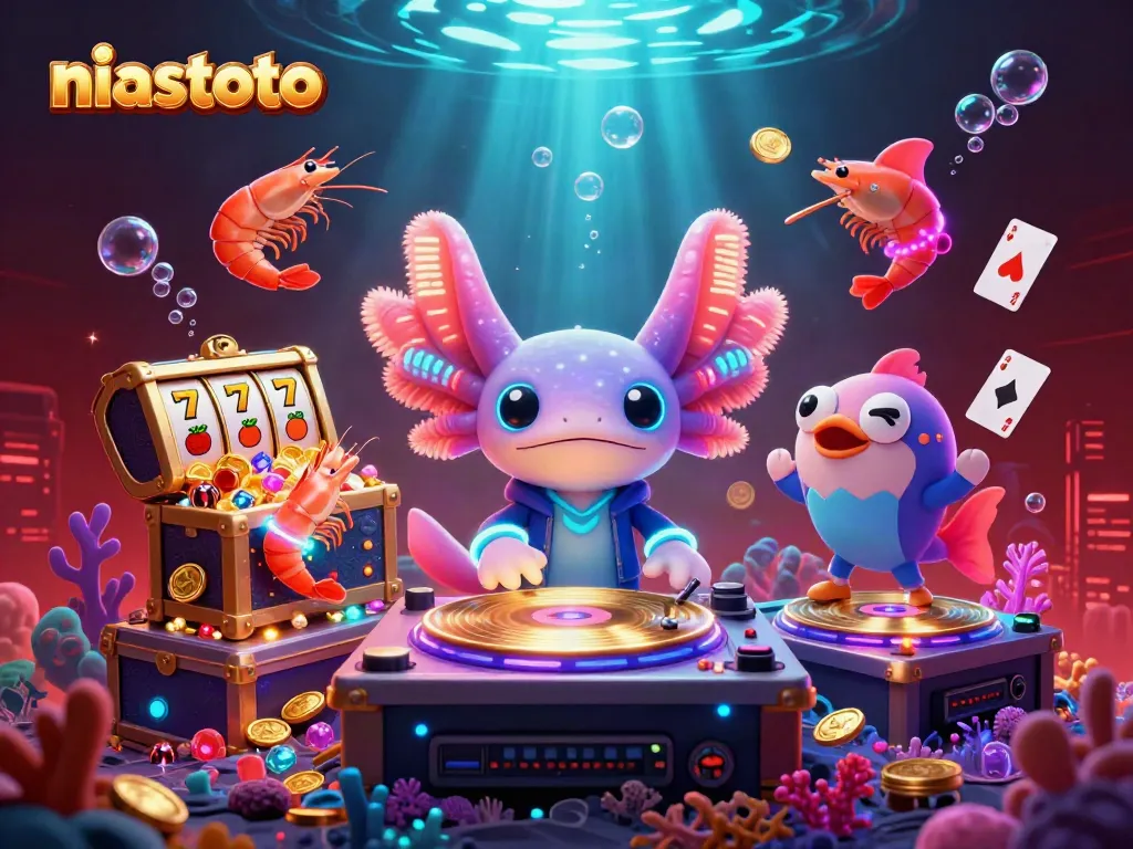 Gambaran aksi perjudian di niastoto dengan DJ axolotl dan elemen slot mendebarkan.