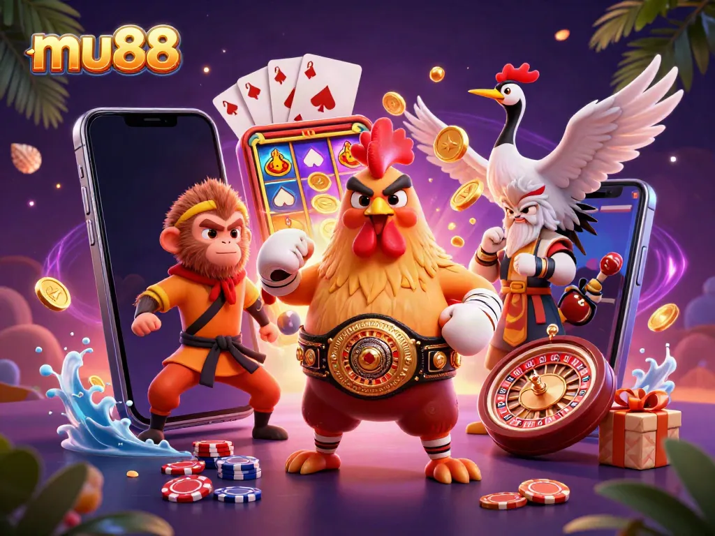 Experience the excitement of mu88 with a vibrant scene featuring a Muay Thai rooster, a martial arts monkey, and crane master amidst casino elements.