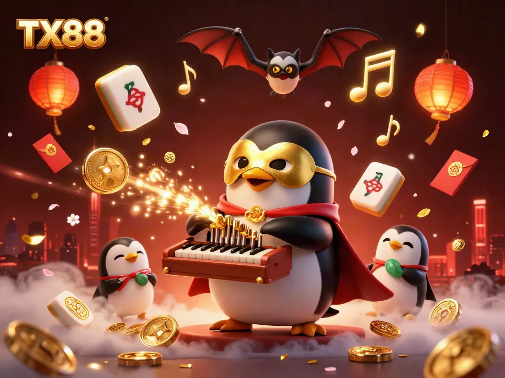 Experience thrilling gameplay with TX88 as the animated penguin plays its organ amidst vivid casino elements.