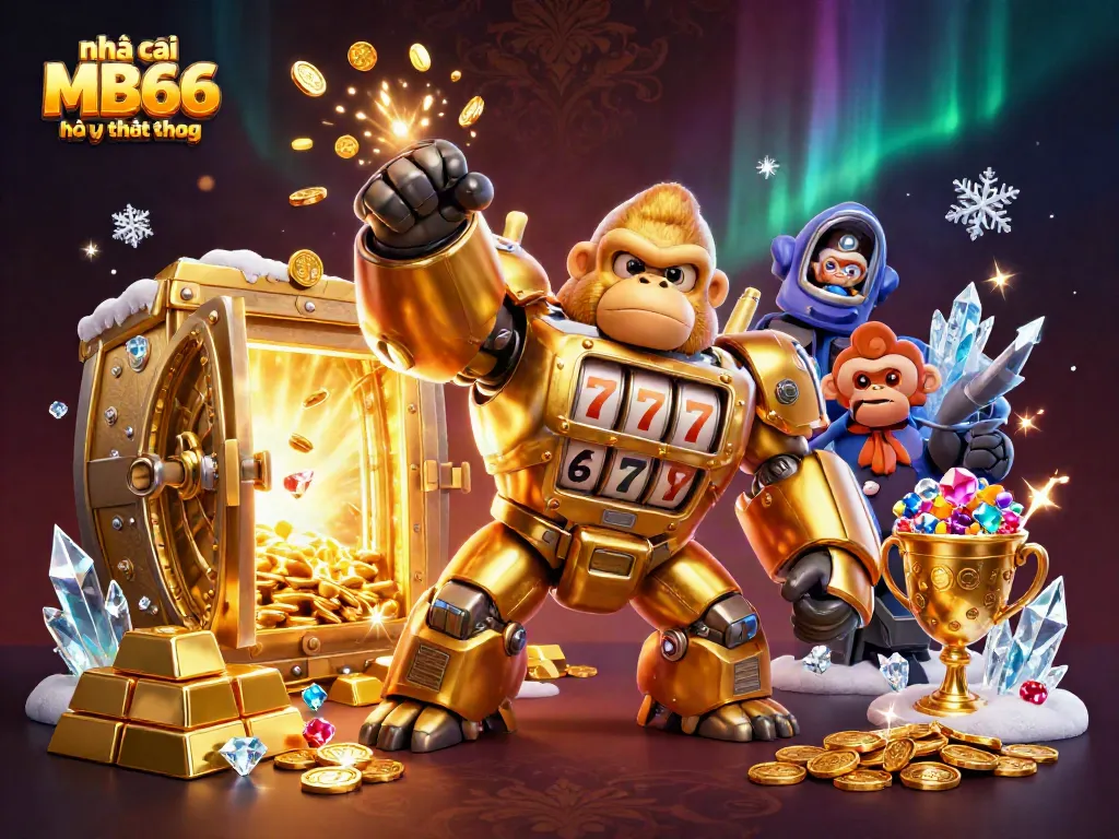 Engage with the exciting world of nhà cái MB66 có uy tín không featuring a dynamic golden gorilla mech and treasure elements.