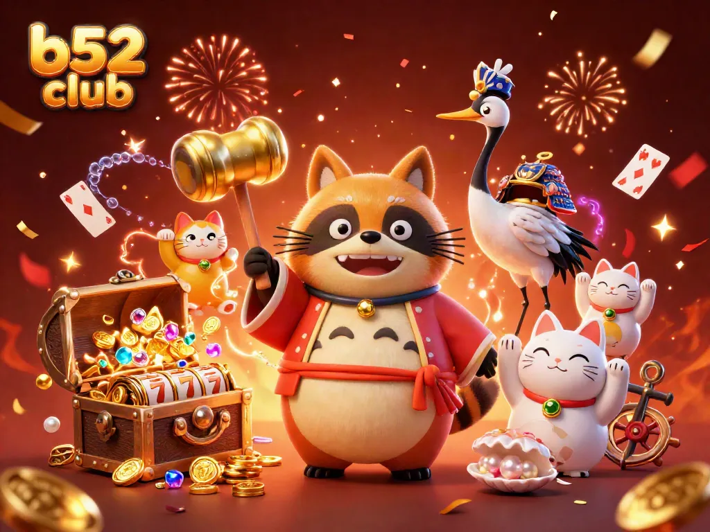 Experience the vibrant world of b52 club with a lucky raccoon, samurai crane, and fortune cats in action.