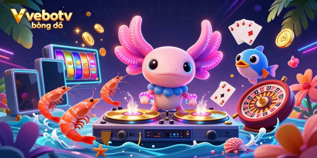 Experience thrilling vebotv bóng đá action with a vibrant underwater party scene featuring an axolotl DJ and energetic sea creatures.