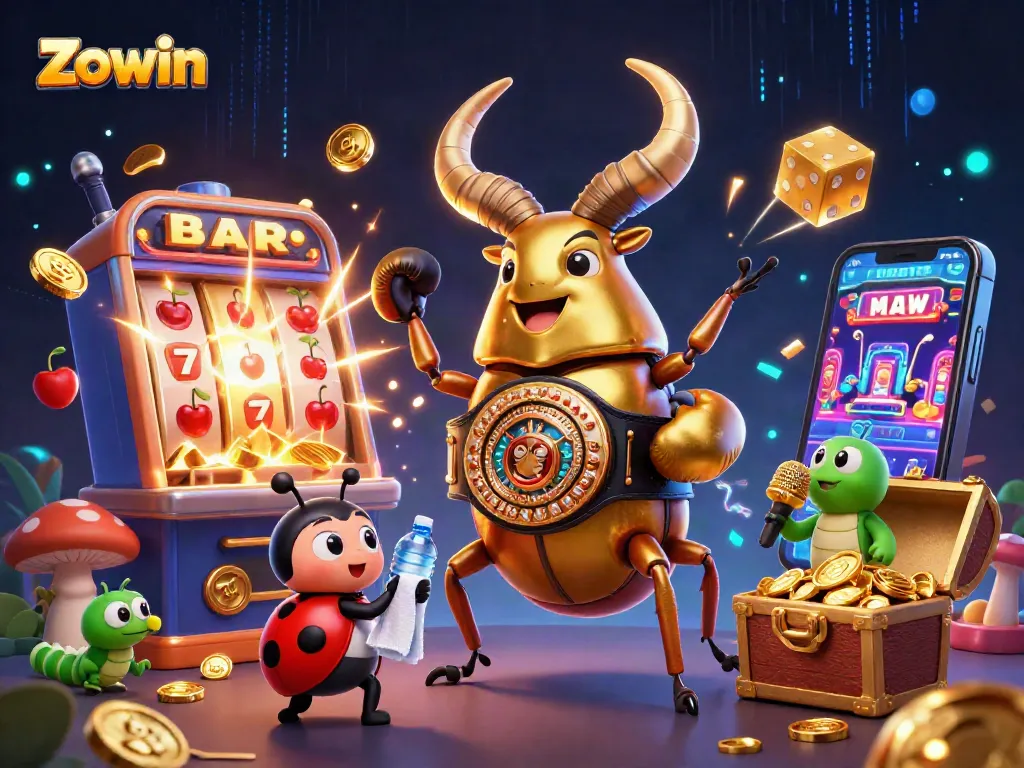Zowin features a vibrant 3D illustration showcasing gambling excitement with jackpot rewards