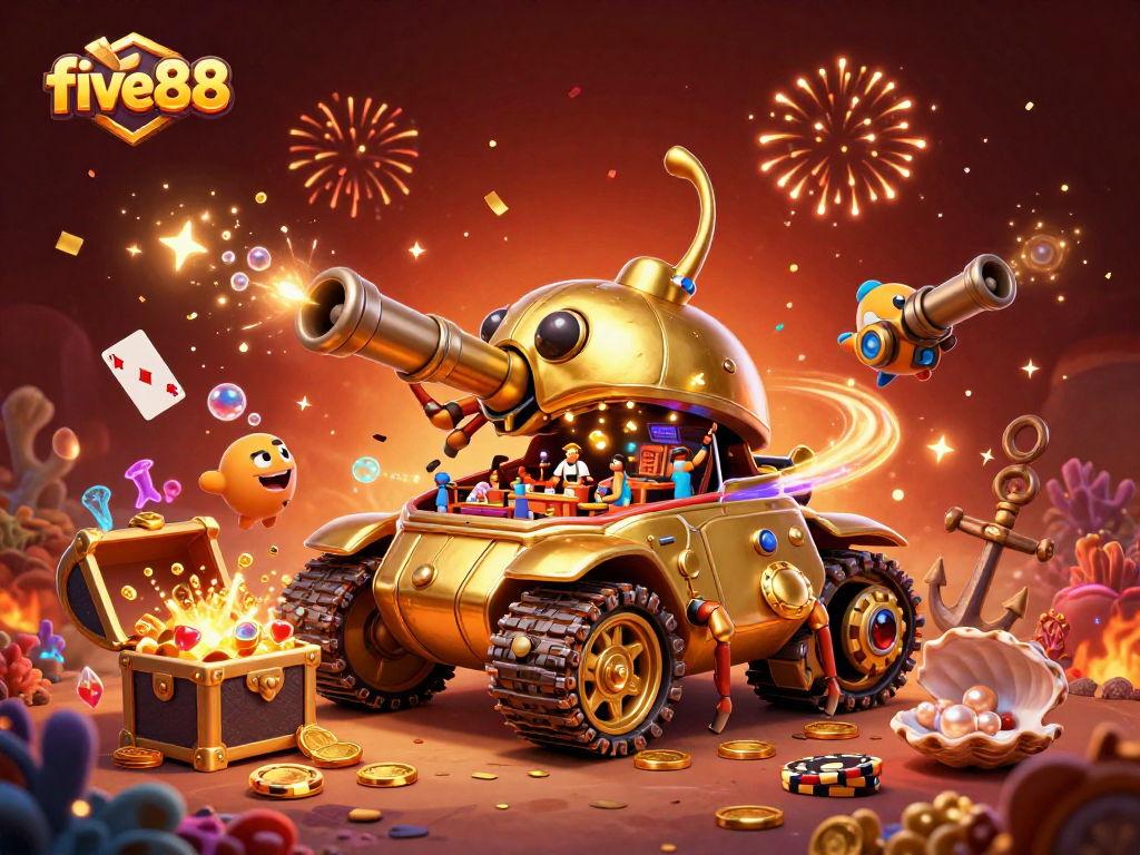 Experience the excitement of five88 with vibrant casino elements amidst a treasure-laden underwater scene.