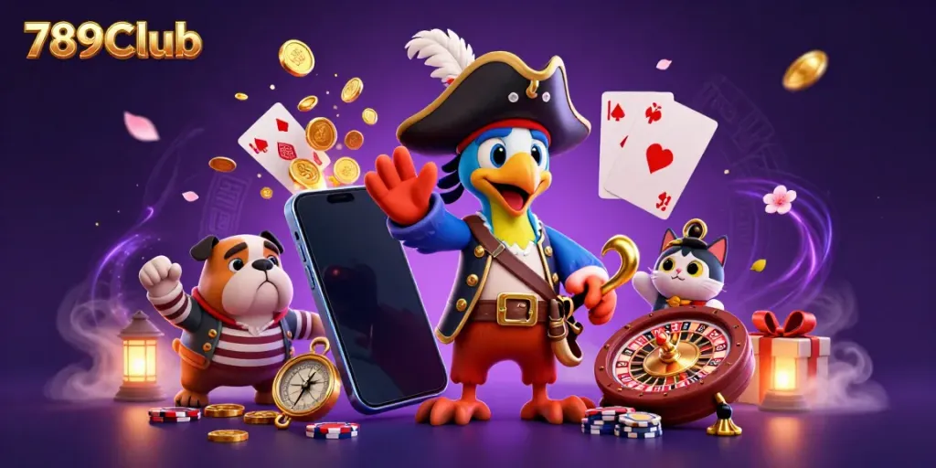 Engage with 789Club’s vibrant gaming universe through this dynamic 3D scene of a pirate captain and friends celebrating around a colorful slot game.