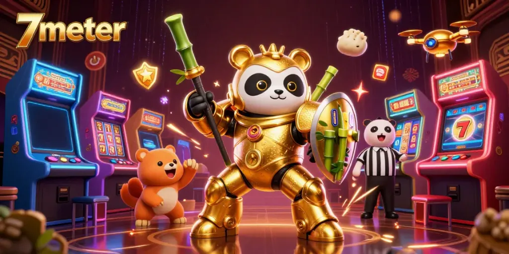 Engage with exciting 7meter casino games featuring a mech-suit panda and dazzling digital effects.