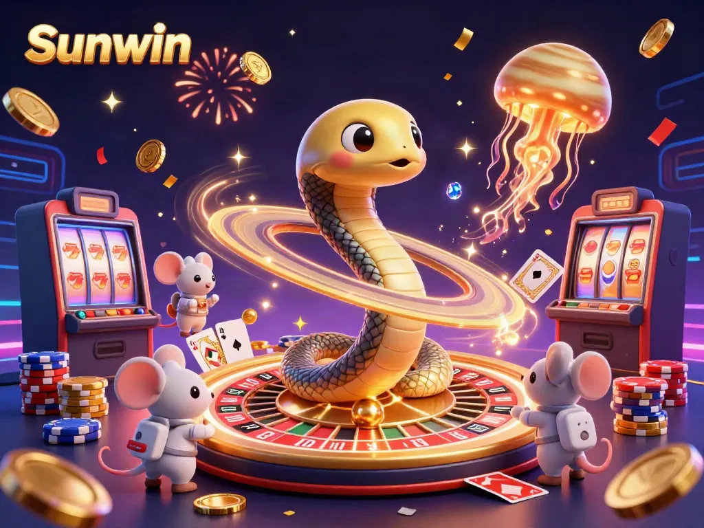 Experience thrilling gaming action at Sunwin with a vibrant cosmic casino scene featuring astronauts and playful elements.