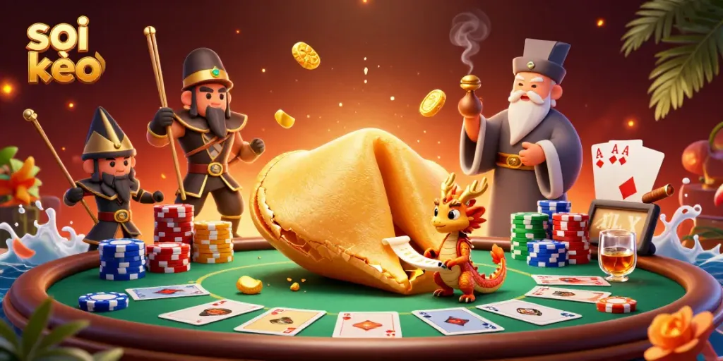 Soi kèo and win big with a giant fortune cookie guarded by dragon warriors at the poker table!