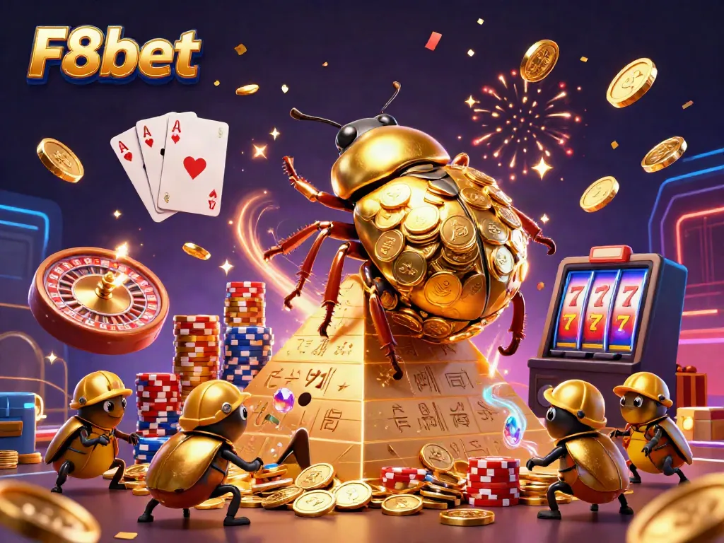 Experience the thrill of F8bet with golden beetles, coins, and casino elements in a vibrant 3D scene.