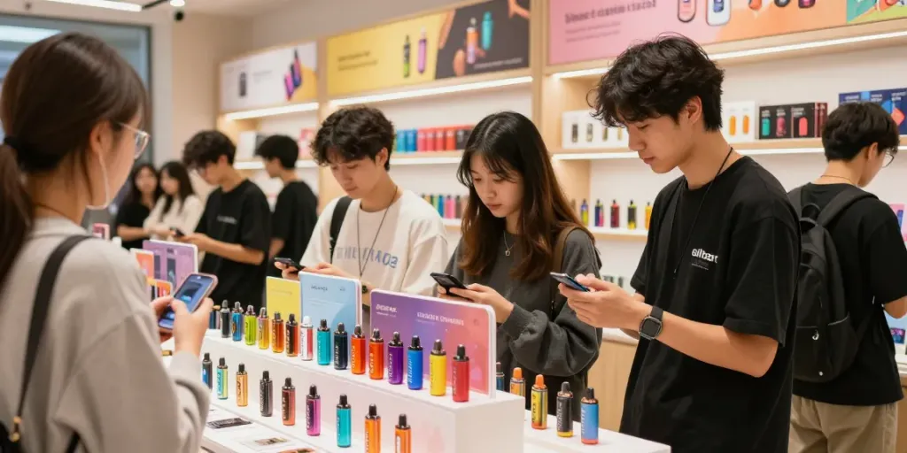 Elfbar vape kaufen experience with young adults browsing a colorful vape shop