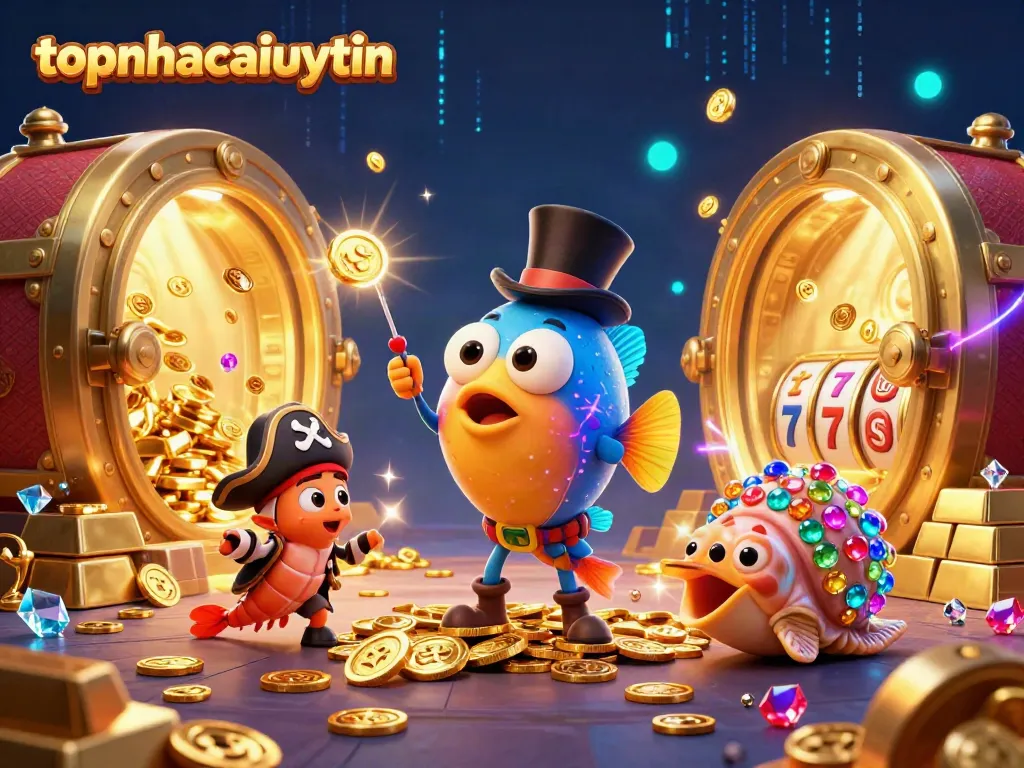 topnhacaiuytin features a 3D anglerfish attracting coins amidst vibrant casino elements in an exciting underwater scene
