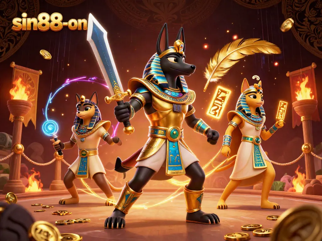 Engage with thrilling gaming at sin88-onl, showcasing dynamic casino action with Anubis and Bastet.