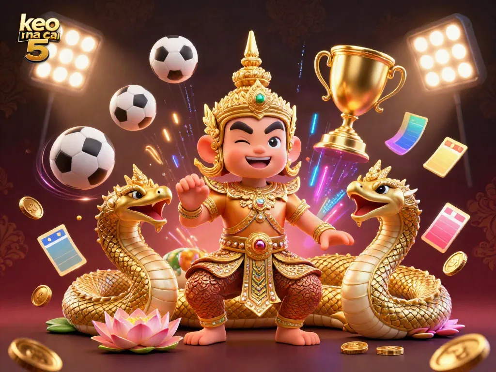 Engage with keo nha cai 5 in a vibrant 3D scene featuring sports elements, a guardian, and Naga serpents.