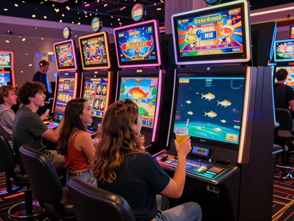 Excited friends win at UK88, celebrating colorful gaming atmosphere.