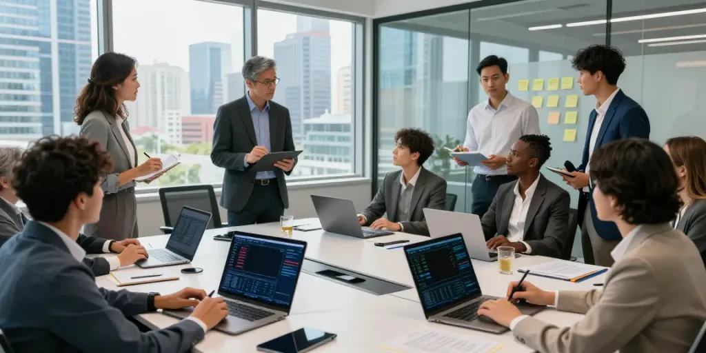 Colaboradores en oficina moderna discutiendo estrategias de bbva empresas con dispositivos digitales.